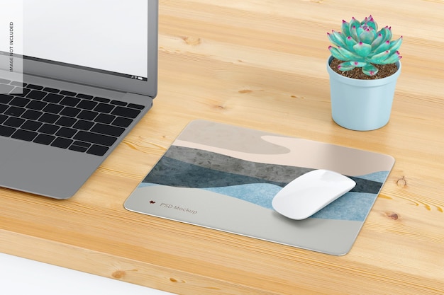 PSD rectangular aluminum mouse pad on desk mockup