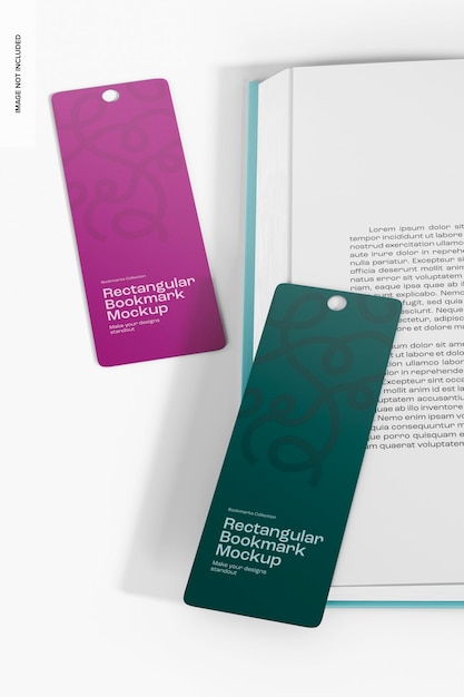 PSD rectangular bookmarks mockup, high angle view