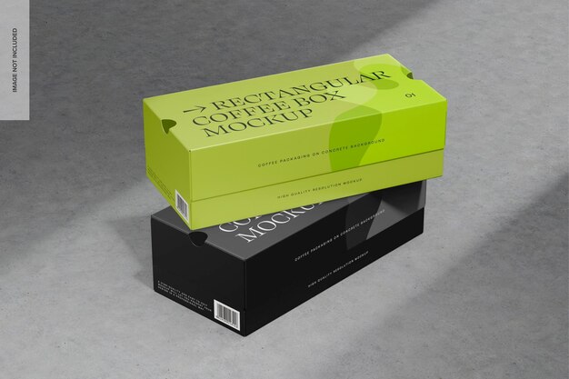 Rectangular coffee boxes on concrete mockup, left view