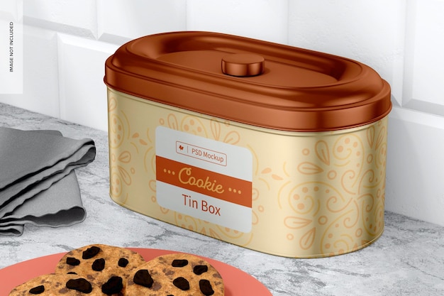 PSD rectangular cookie tin box mockup, right view