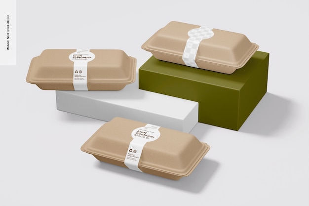 PSD rectangular kraft container with label set mockup