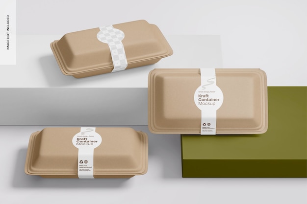 PSD rectangular kraft containers with label mockup high angle view