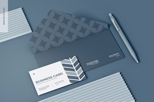 PSD rectangular paper envelope with business card mockup high angle view