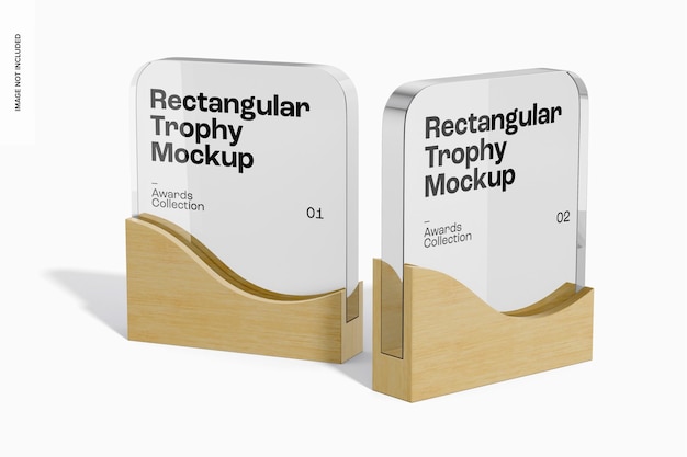 Rectangular wooden and glass trophies mockup, perspective