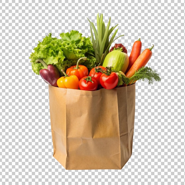 Sacchetto di carta riciclabile pieno di verdure fresche su sfondo trasparente