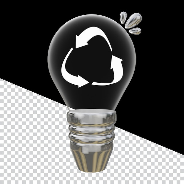 Recycle-symbool in een gloeilamp Milieuvriendelijke energie 3D grafisch ontwerp Zilver Metallic Concept Materia