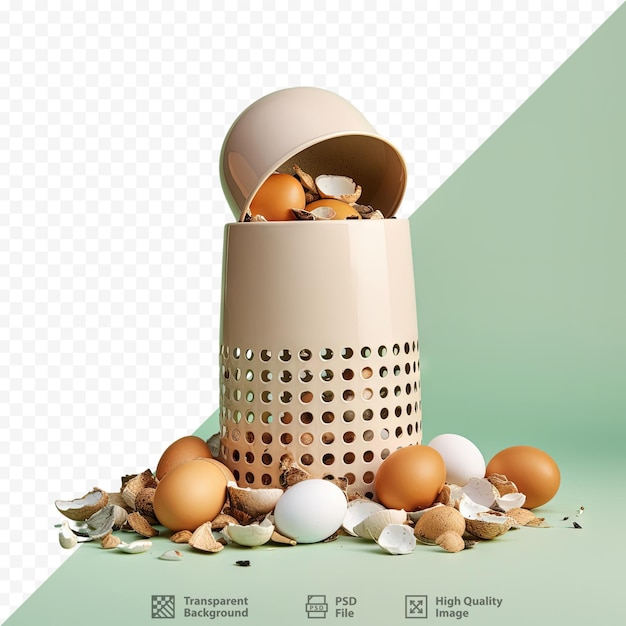 PSD recycled kitchen food waste including egg shells can be composted at home using a reused container or in the garden