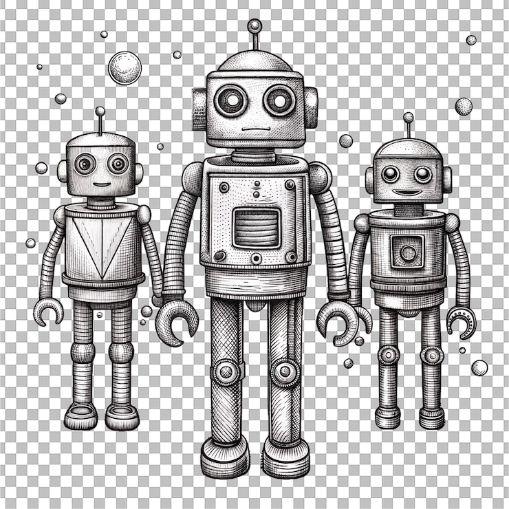 PSD ręcznie narysowane roboty vintage z przezroczystym tłem