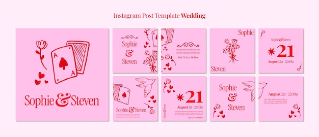 PSD ręcznie rysowane posty na instagramie z okazji ślubu
