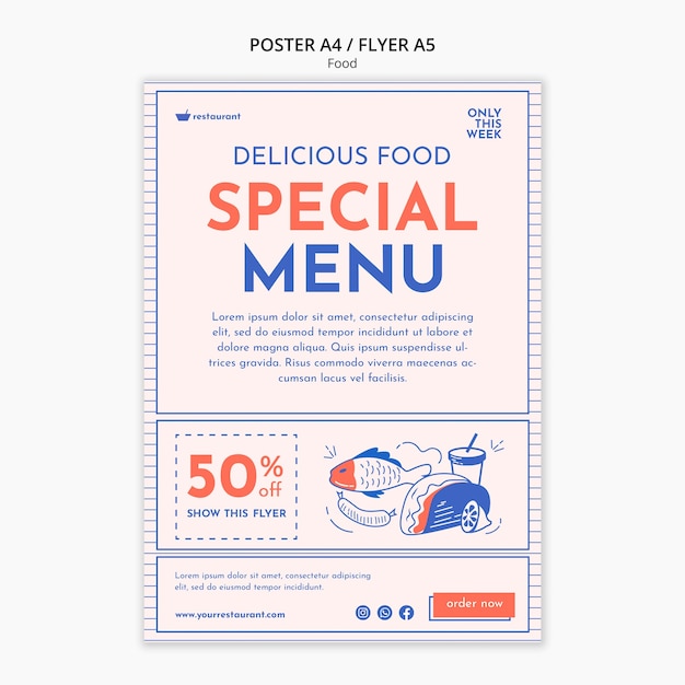 PSD ręcznie rysowane szablon plakatu restauracji z jedzeniem