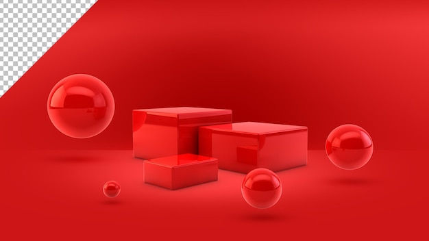 Rendering 3d rosso con scena del podio sfondo della visualizzazione del prodotto minimo rendering 3d della fase