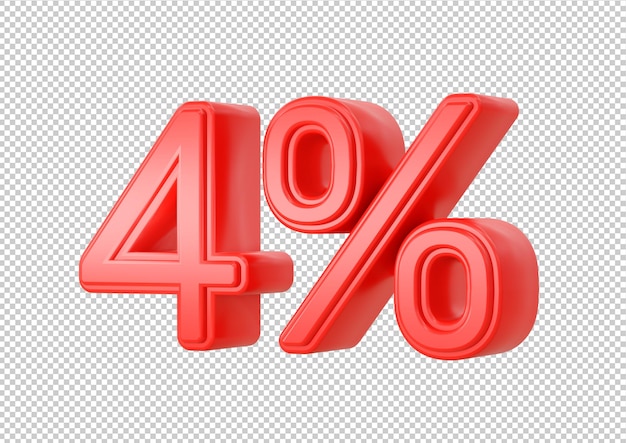 Simbolo matematico finanziario e statistico rosso del 4% di sconto isolato su sfondo bianco offerta speciale vendita fino a off banner pubblicità rendering 3d