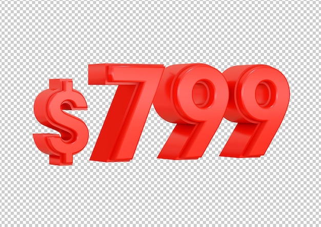 PSD simbolo di prezzo rosso 799 dollari isolato su sfondo bianco rendering 3d