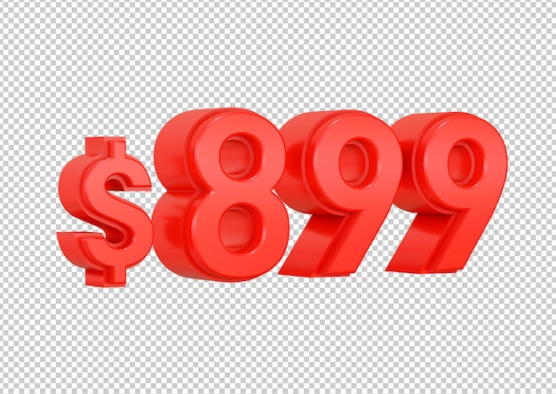 Red 899 dollars price symbol isolated on white background 3d rendering