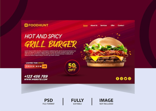 PSD red abstract burger oferta nagłówek strony internetowej projekt banera