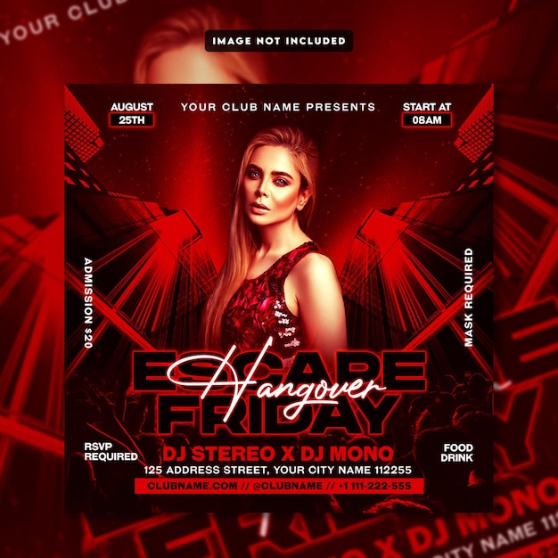 PSD red abstract night club flyer and instagram post template