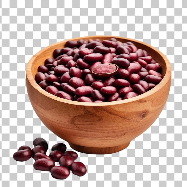 Red adzuki beans in wooden bowl isolated on transparent background