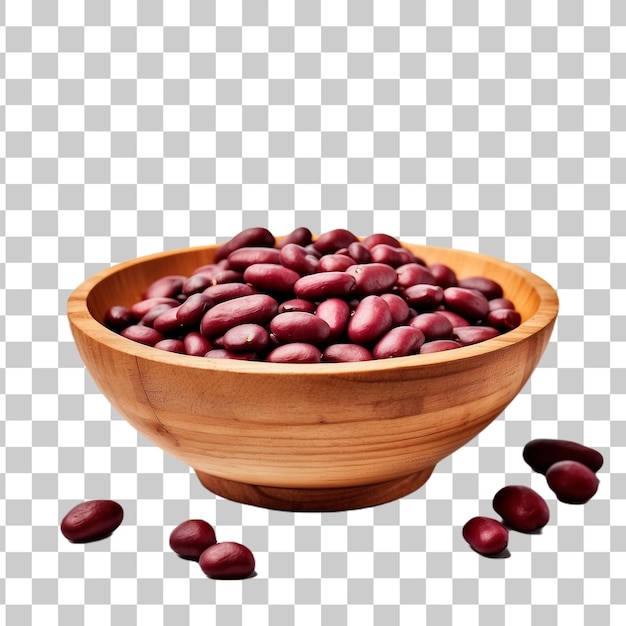 Red adzuki beans in wooden bowl isolated on transparent background