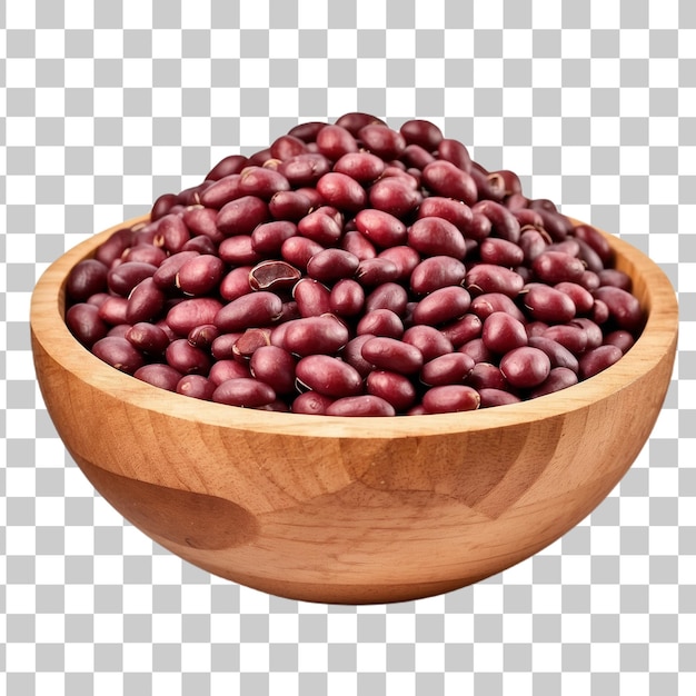 Red adzuki beans in wooden bowl isolated on transparent background