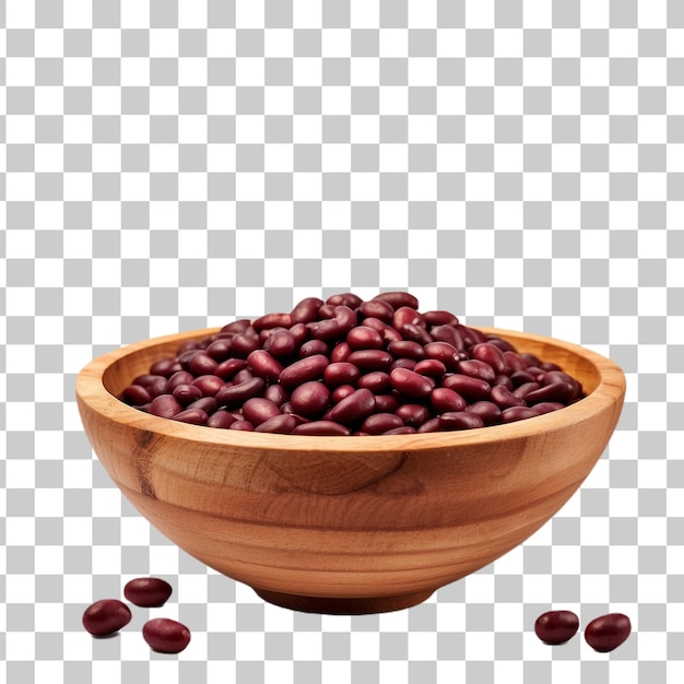 Red adzuki beans in wooden bowl isolated on transparent background