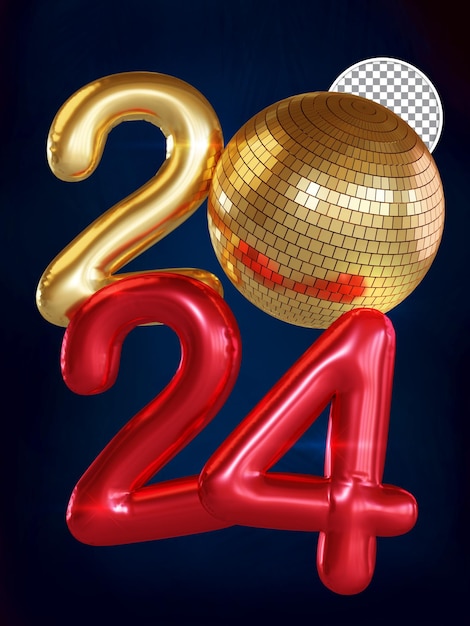 PSD Красный и золотой новогодний 2024 текст на воздушном шаре с диско-шаром 3d-рендеринга изолированного фона