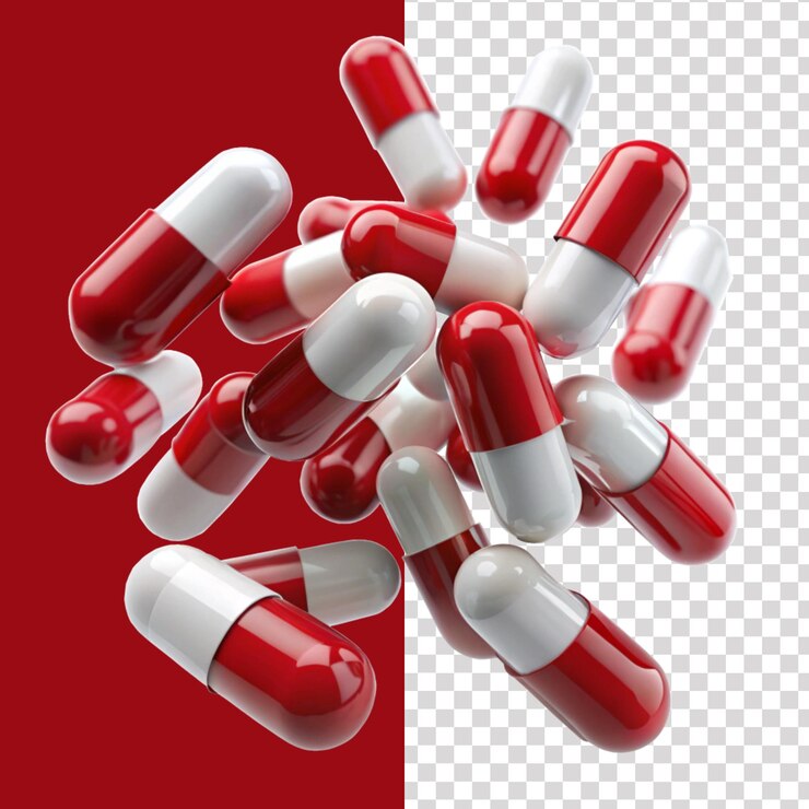 Red and White Pill Capsules in Midair Isolated on Transparent Background Perfect for Medical Desi