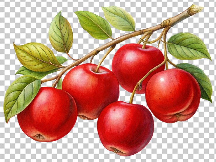 PSD red apple on a branch on white background