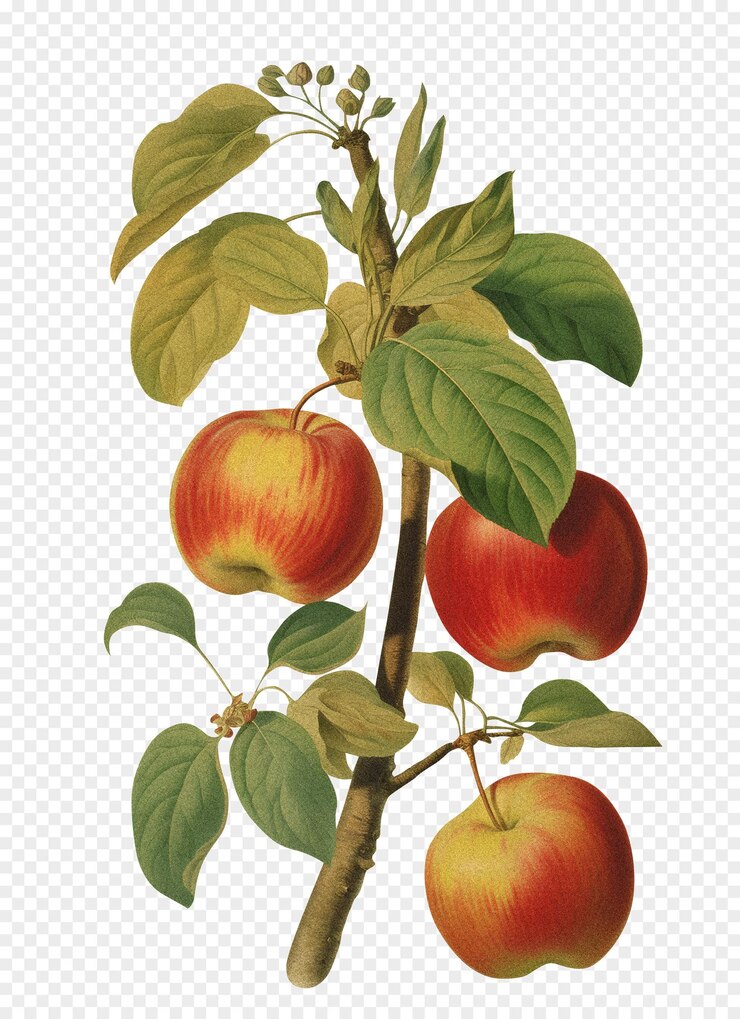 PSD red apple isolated on transparent background old botanical illustration