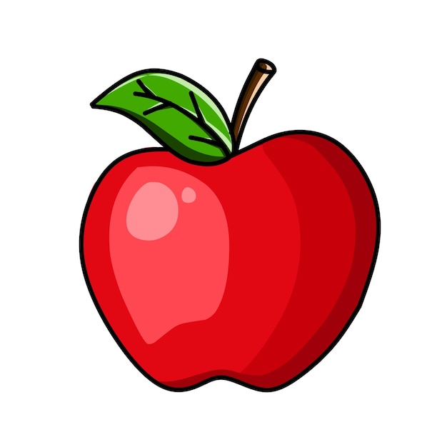 A red apple with a green leaf on it.