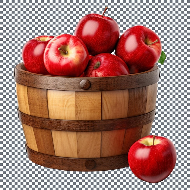 PSD 透明な背景に隔離された木製のバケツの中の赤いリンゴ