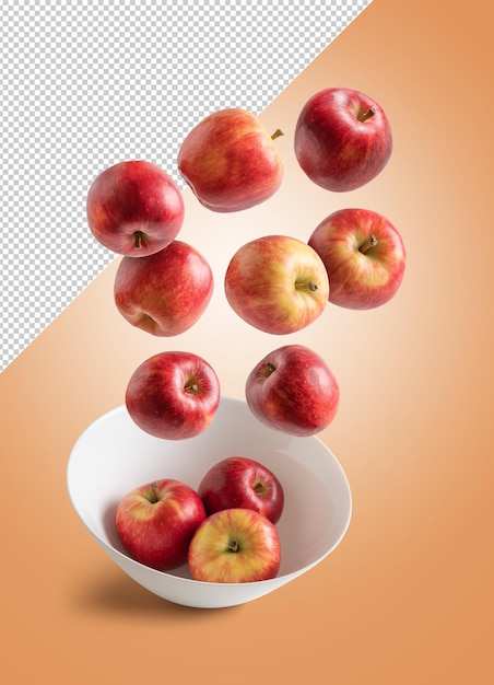 Red apples mockup falling into a bowl on editable background