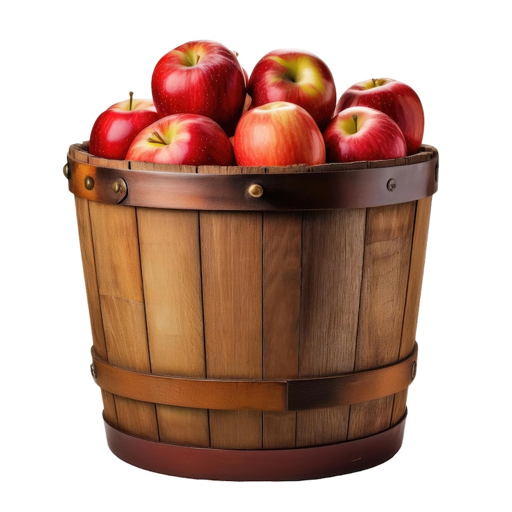 PSD red apples in a wooden bucket