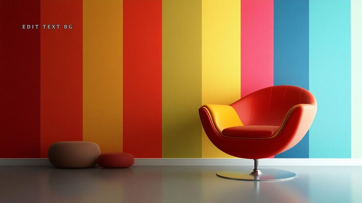 PSD red armchair in room with rainbow striped wall