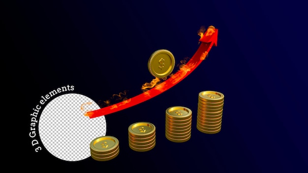 PSD 그래픽 구성을 위한 화재 및 황금 동전 요소가 있는 빨간색 화살표