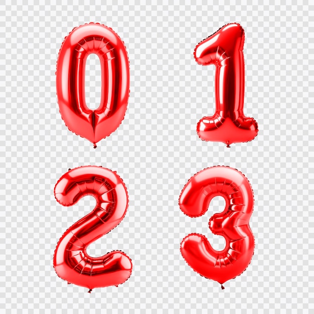 Red balloon numbers on a transparent background