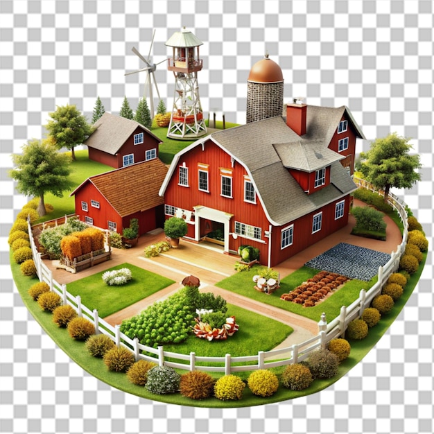 PSD red barn with meadow and apple tree on transparent background