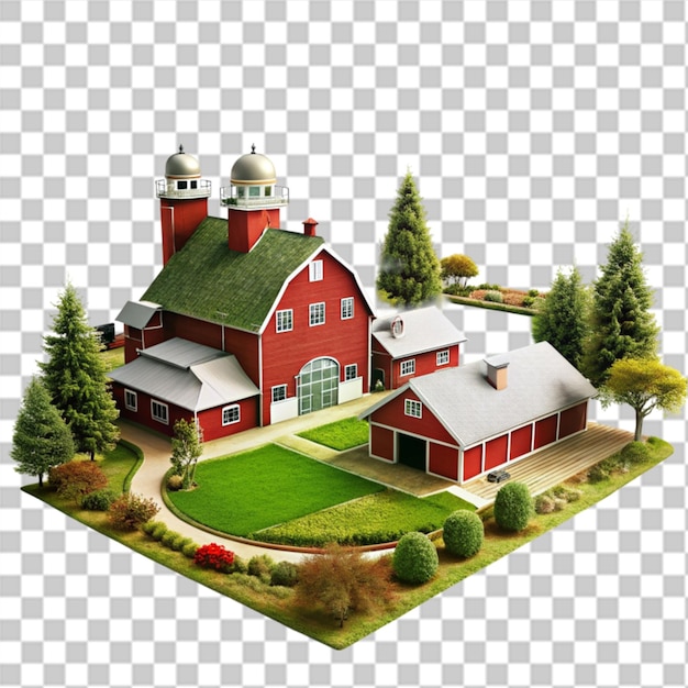 PSD red barn with meadow and apple tree on transparent background