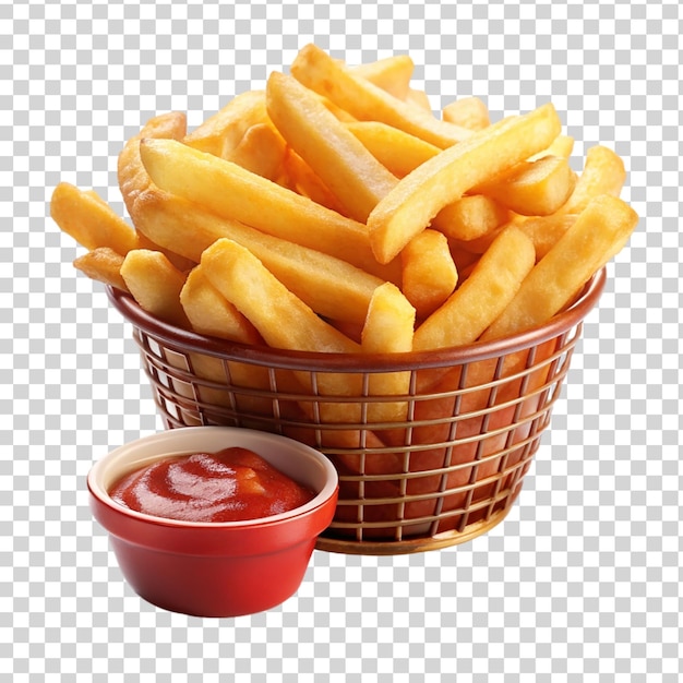 A red basket on french fries isolated on transparent background