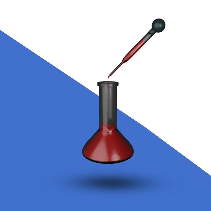 PSD a red beaker with a black tip is in a blue and white background.