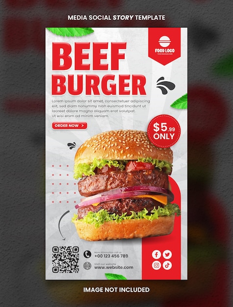 Меню еды Red Beef Burger и шаблон поста в социальных сетях для СМИ ресторана