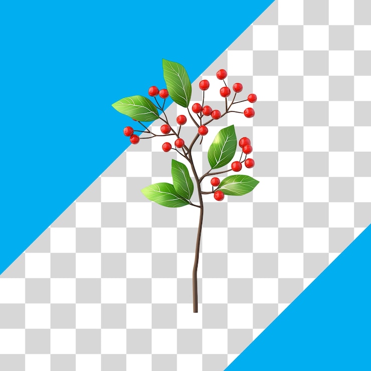 PSD red berry branch on blue and transparent background