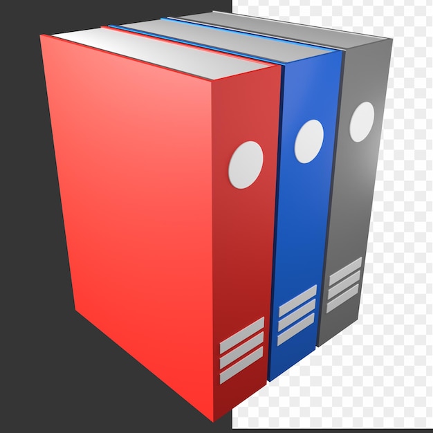 A red binder with a blue folder that says'books'on it