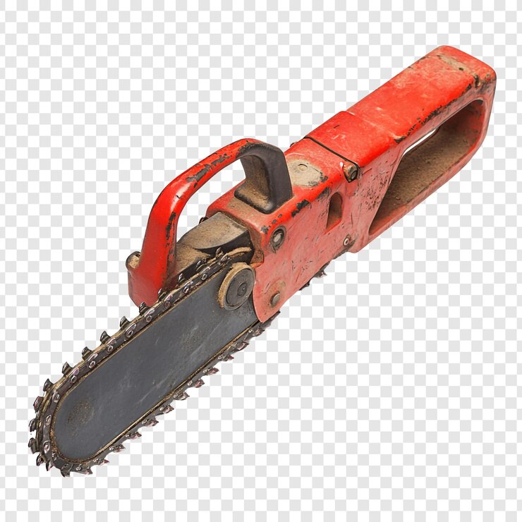 PSD a red and black chainsaw with a black chain the chainsaw is old and rusty the chainsaw is laying on a white background