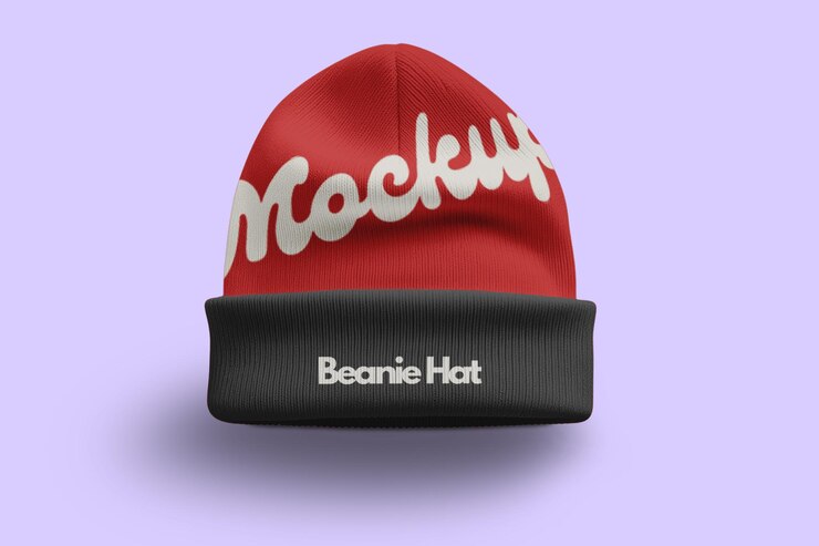 PSD a red and black hat with the word beanie on it