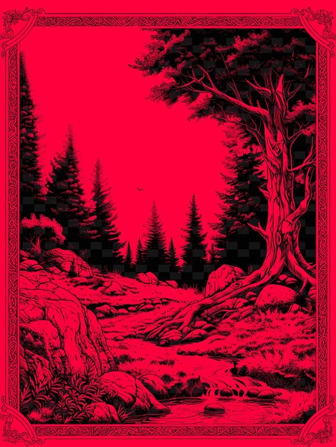 PSD a red and black poster with a tree in the middle of it