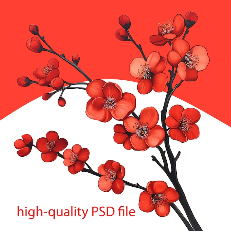 PSD red blossom branches