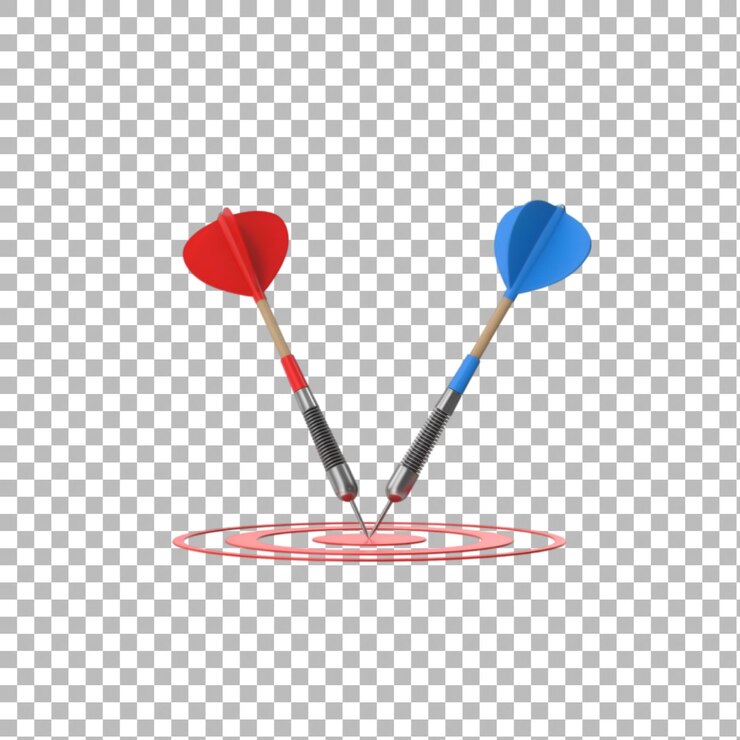 PSD red and blue darts hitting the bullseye on a red target showcasing perfect aim and accuracy