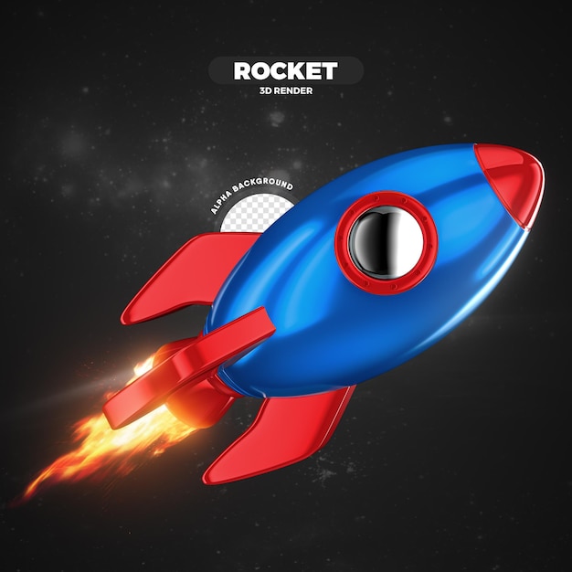 PSD red and blue space rocket flying 3d render isolated