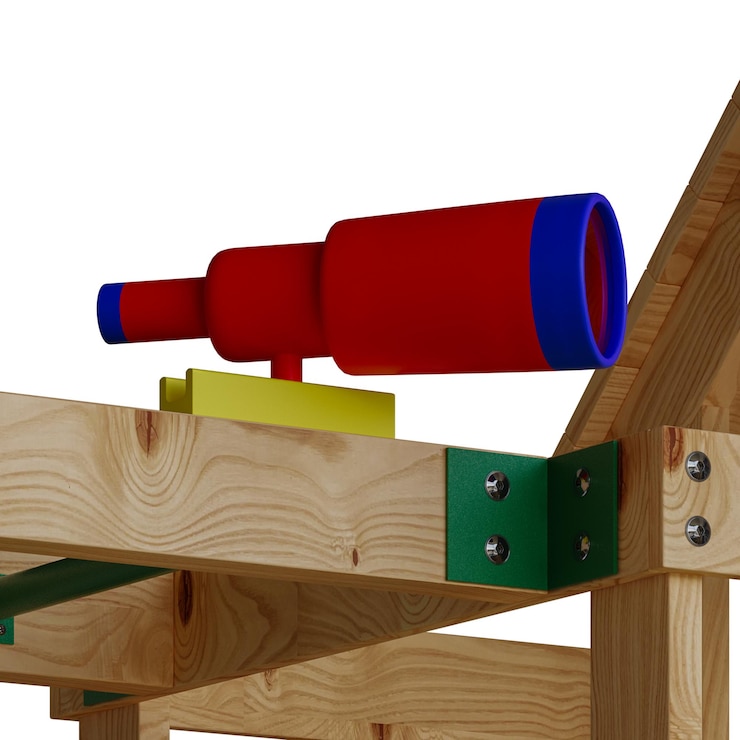 PSD a red and blue telescope is on a wooden structure the telescope is attached to a green piece of wood