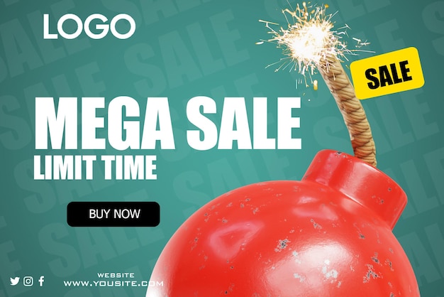 PSD a red bomb with a burning firework saying omega sale.